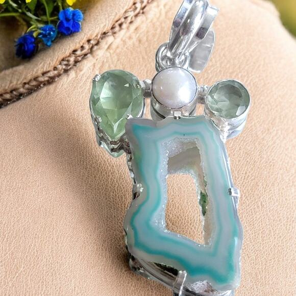 Green Druzy Geode Pendant, Sterling Silver Gemstone Necklace, Prehnite and Pearl - Picture 1 of 10